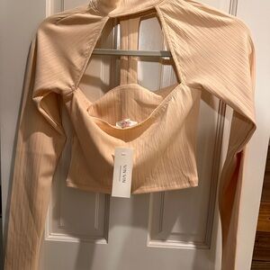 WinWin Tan Long Sleeve Ribbed Cut Out cropped top